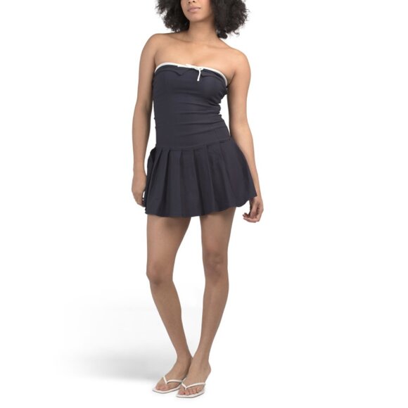 KALI FASHIONS Navy/white Bow Front Pleated Skirt Strapless Mini Dress - Picture 1 of 2